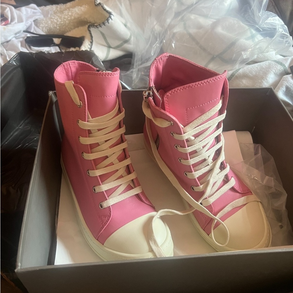 Rick Owens Pink and White High-Top Sneakers